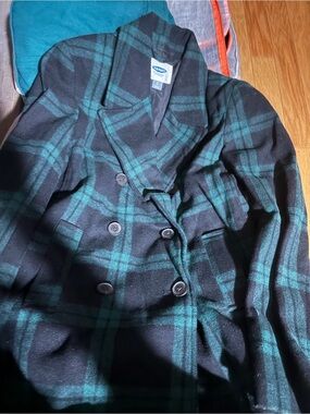 Old Navy - Classic Double-Breasted Plaid Wool Coat in Black & Teal